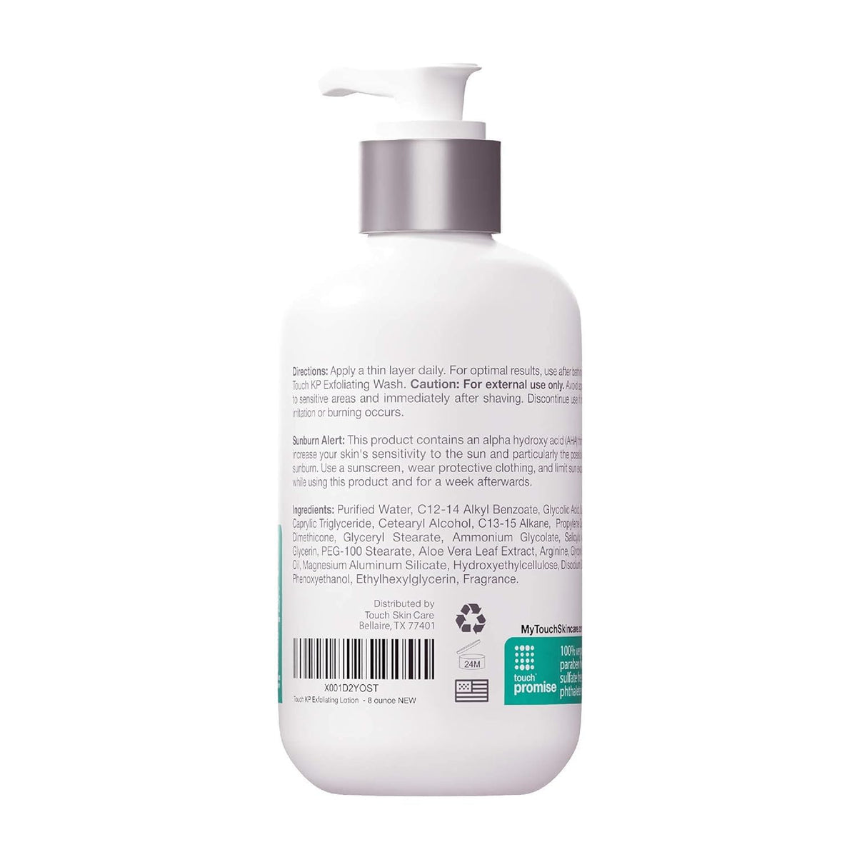 TOUCH open bottle with dispensed lotion showing creamy consistency