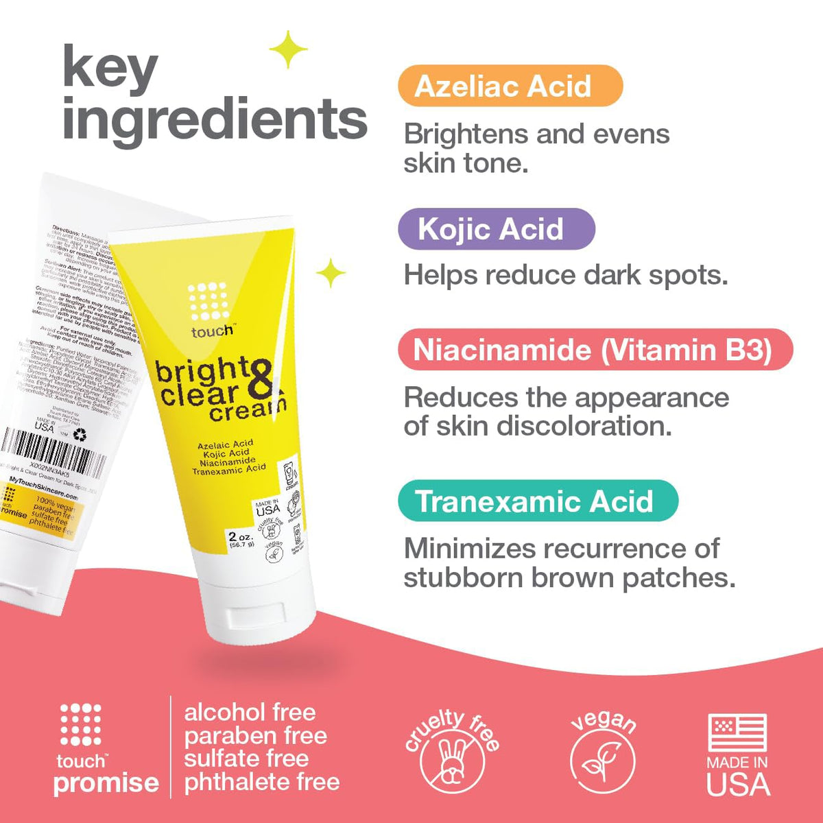 TOUCH Radiance Cream label highlighting niacinamide and acid complex benefits