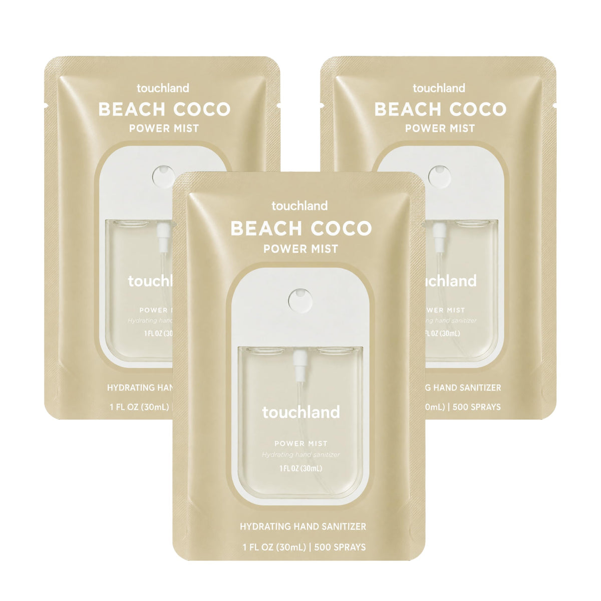 Touchland front packaging showing trio and Beach Coco scent benefit of portability
