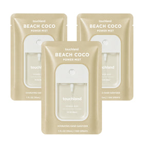 Touchland front packaging showing trio and Beach Coco scent benefit of portability