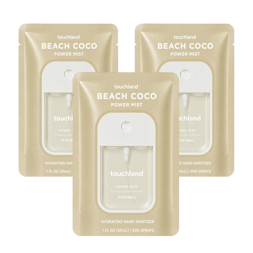 Touchland front packaging showing trio and Beach Coco scent benefit of portability