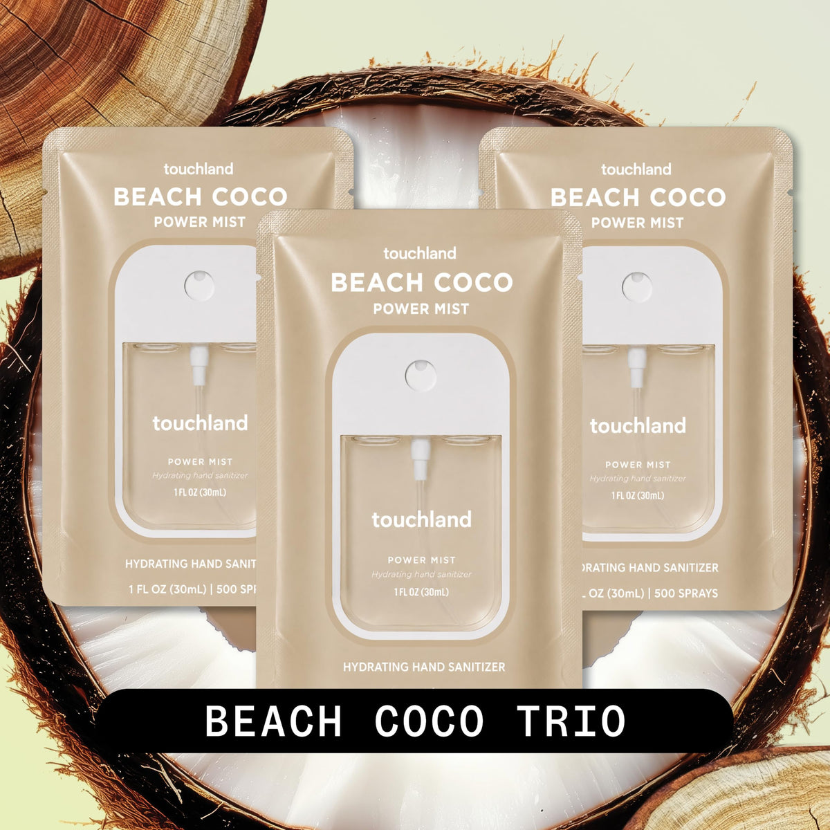 Touchland three bottles styled to display travel-ready convenience and scent