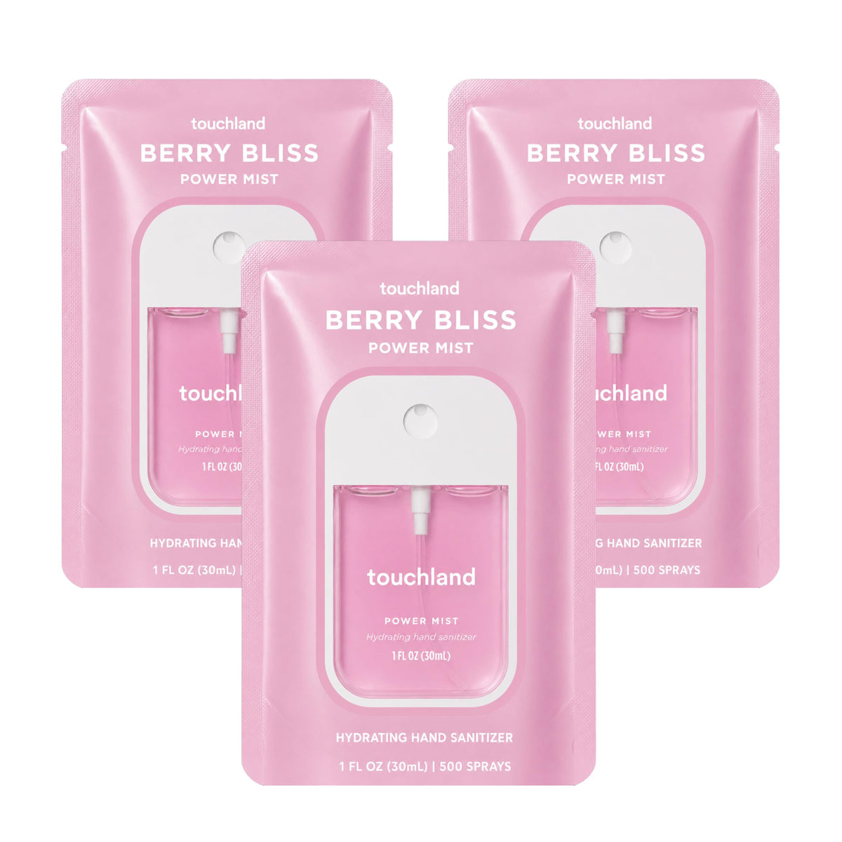 Touchland front view of Berry Bliss trio showing three travel bottles and scent benefit