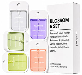 Touchland lineup of five Blossom scents showing variety and travel-ready convenience