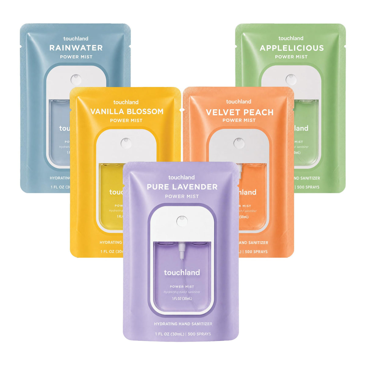 Touchland front packaging showing five Blossom travel sanitizer sprays and branding benefits