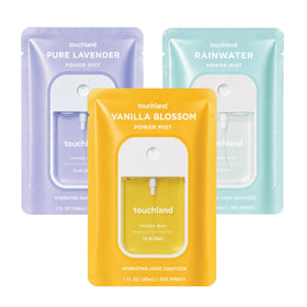 Touchland Blossom Trio front packaging showing three travel bottles and benefits