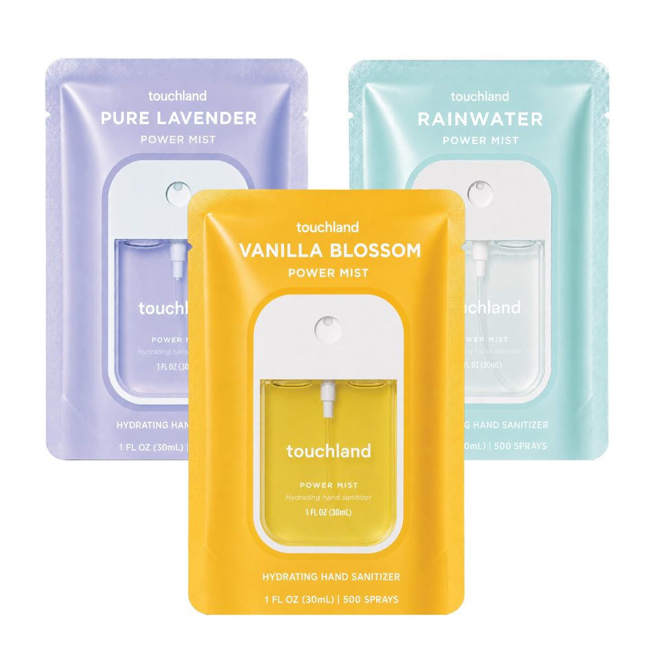 Touchland Blossom Trio front packaging showing three travel bottles and benefits
