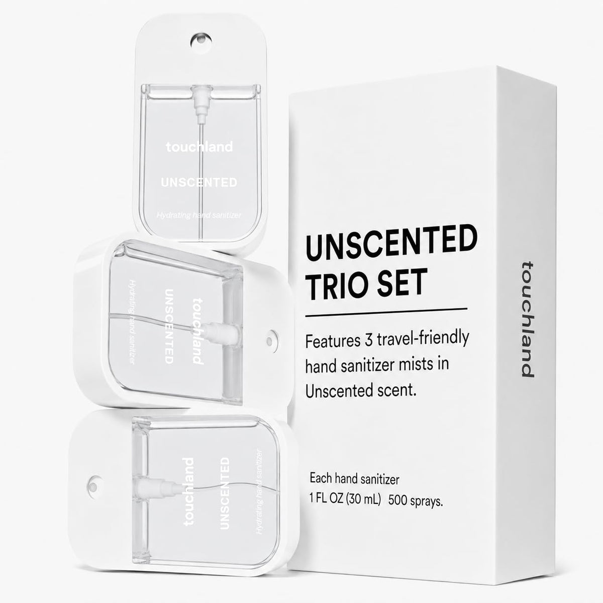 Touchland bottle in hand demonstrates 1 fl oz travel size and easy pocket portability