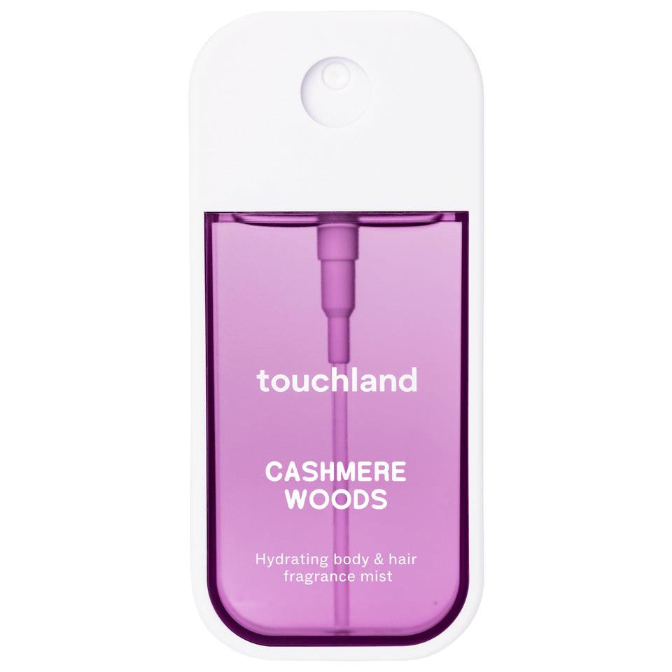 Touchland Cashmere Woods front bottle showing compact design and scent