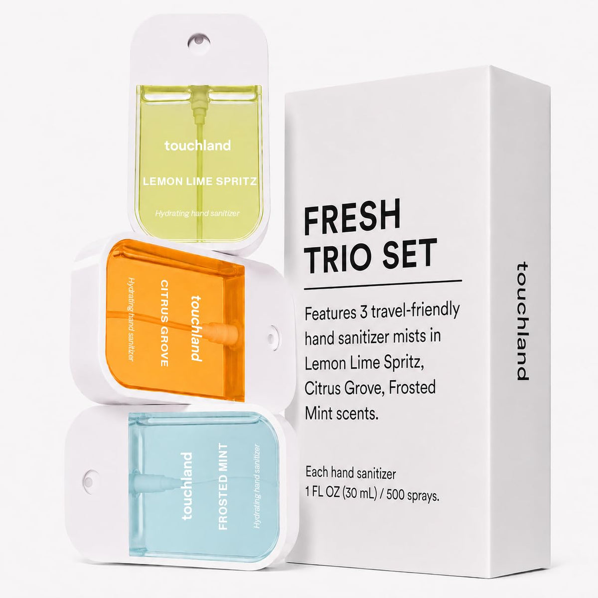 Touchland Citrus Grove bottle label detail highlighting scent and clean formula benefit