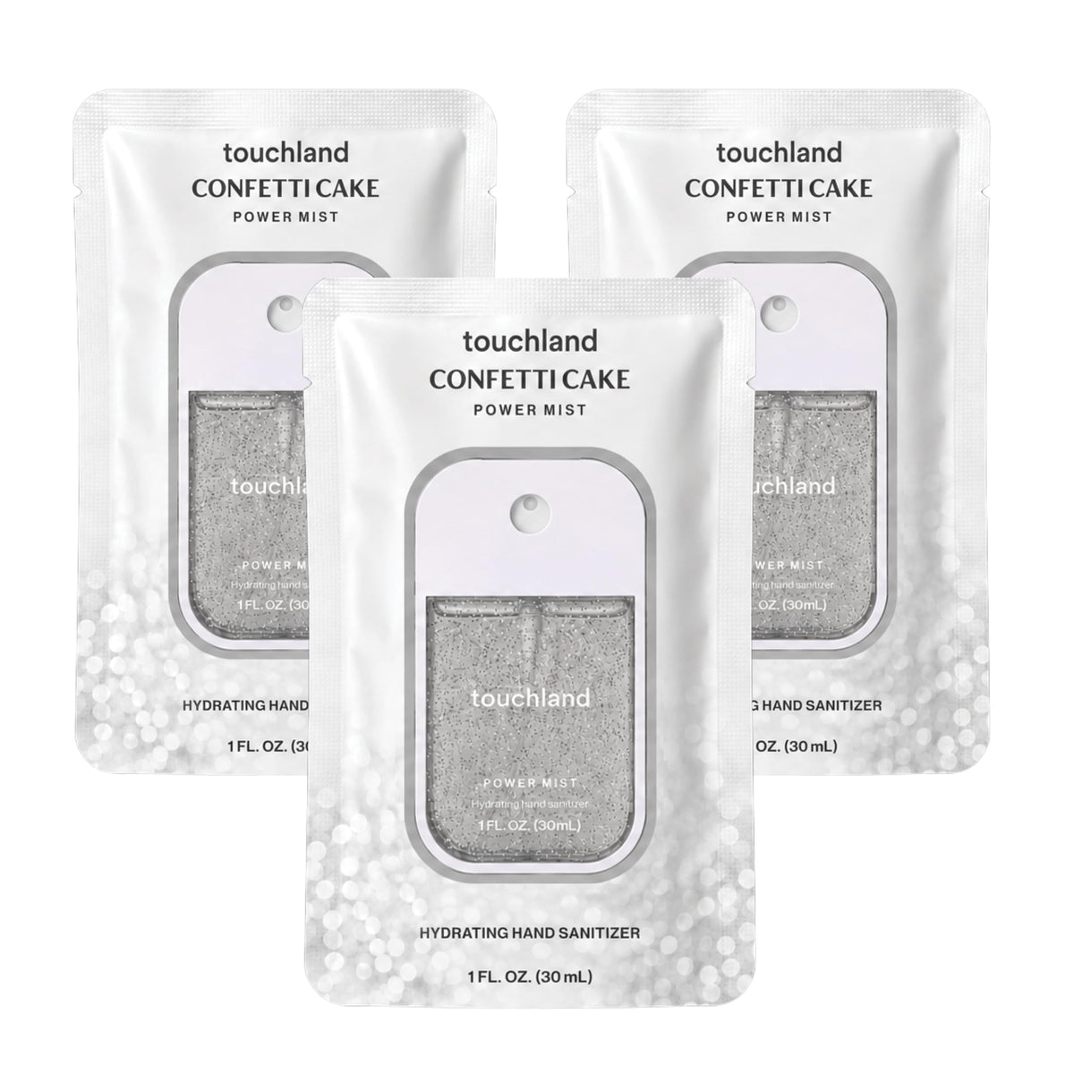 Touchland Confetti Cake front packaging showing trio and scent benefits