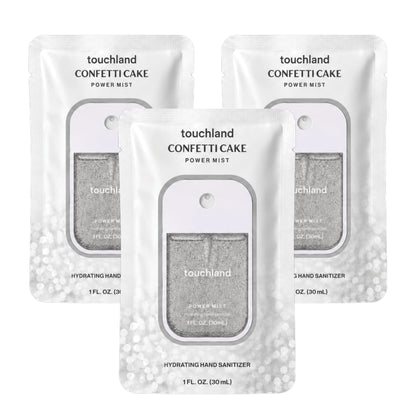 Touchland Confetti Cake front packaging showing trio and scent benefits