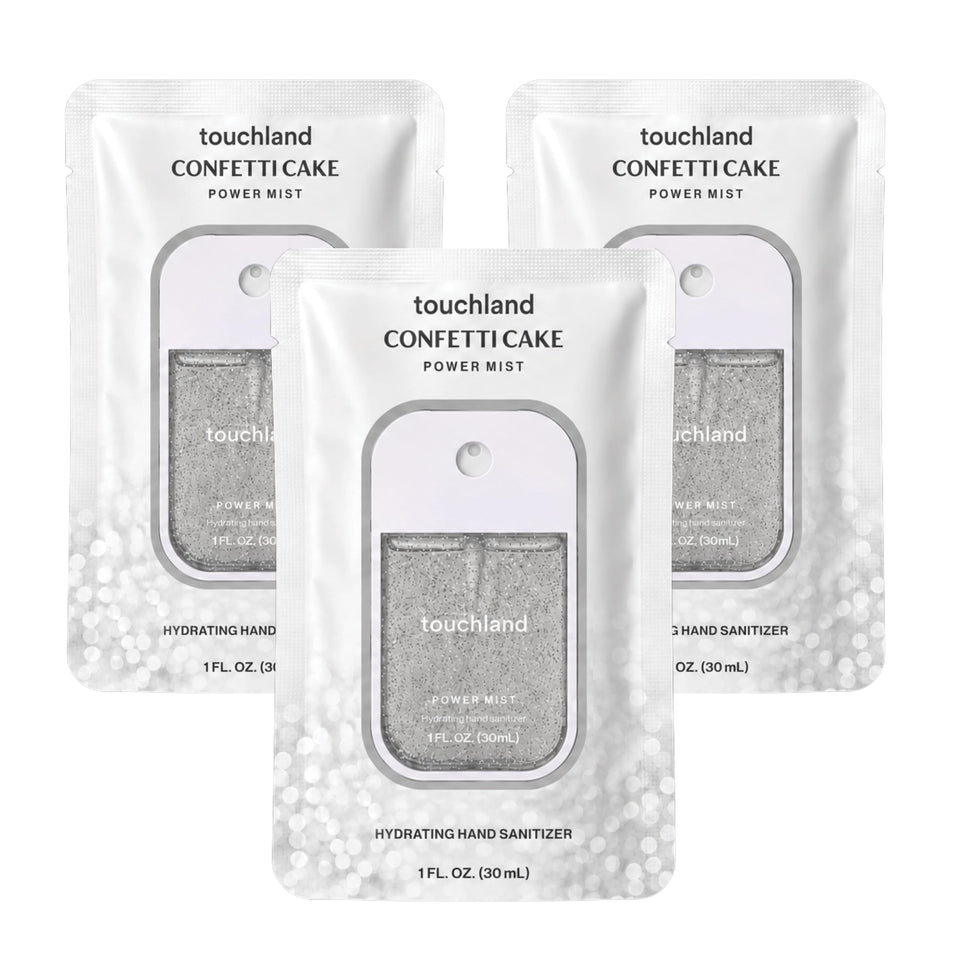 Touchland Confetti Cake front packaging showing trio and scent benefits