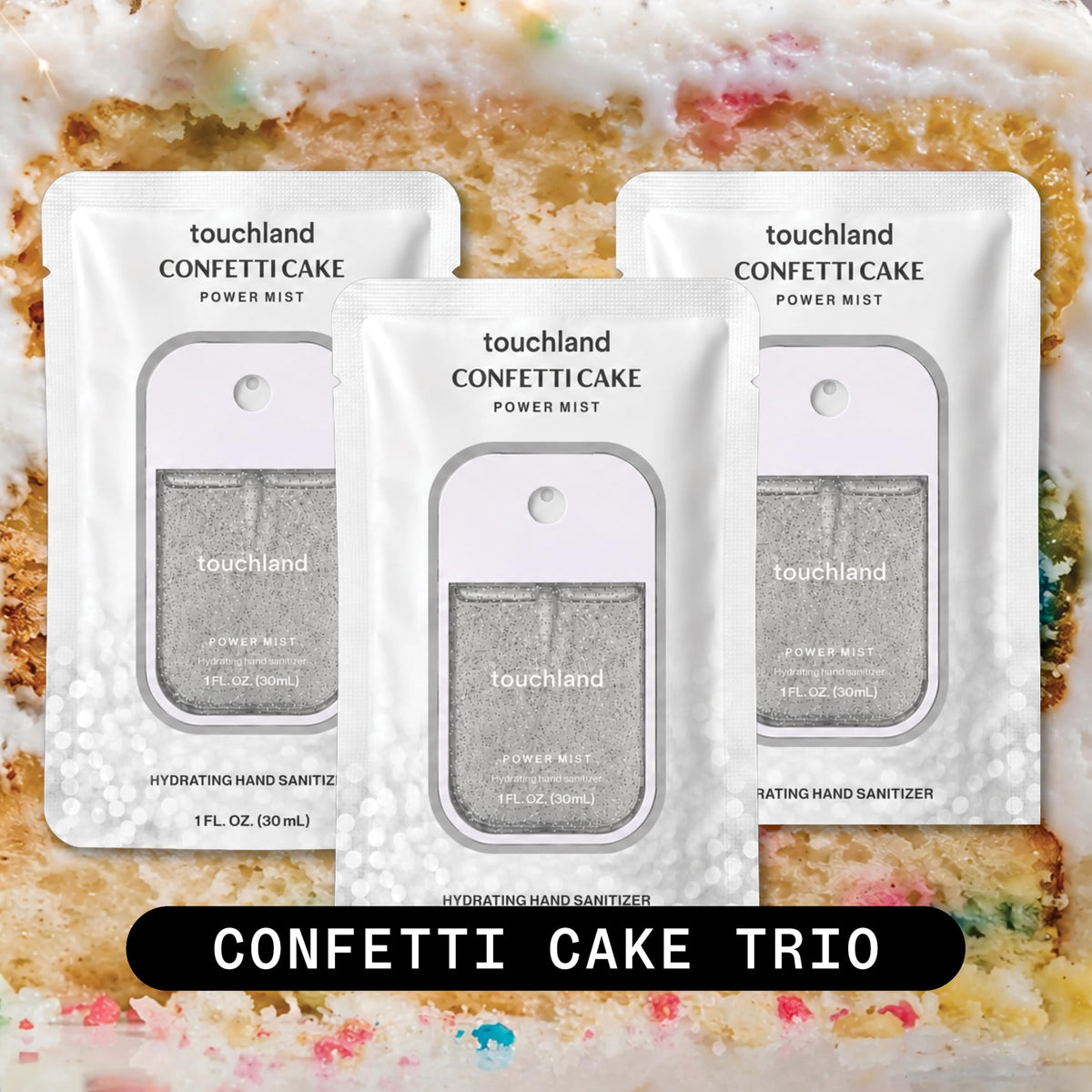 Touchland Confetti Cake three bottles styled to show travel convenience