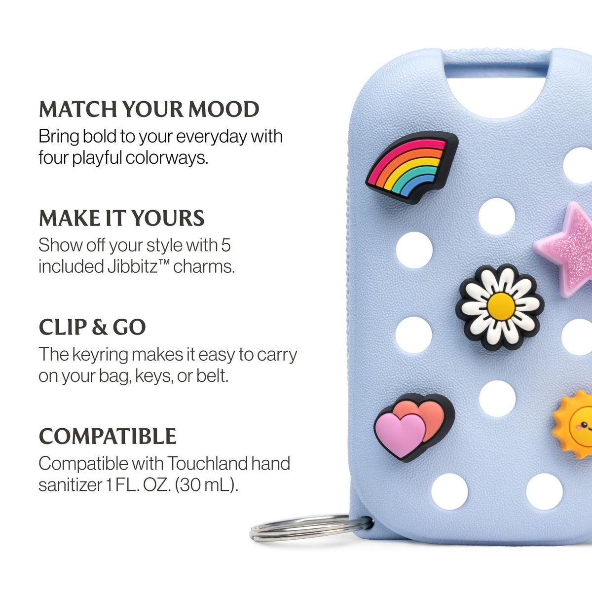 Hand holding Touchland case showing compact one-ounce scale
