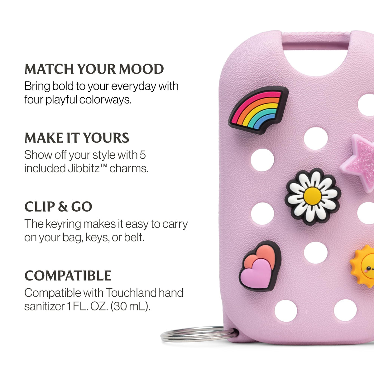 Touchland clipped to Crocs shoe and bag for coordinated styling benefit