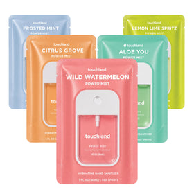 Touchland front packaging showing five travel sanitizer sprays and compact convenience