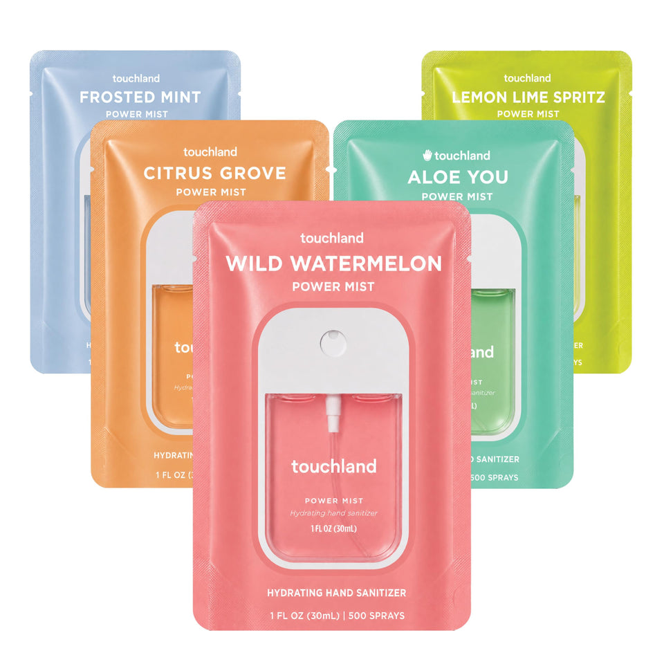 Touchland front packaging showing five travel sanitizer sprays and compact convenience