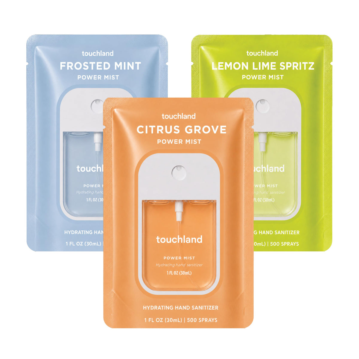 Touchland fresh trio front packaging showing three travel mists and convenience