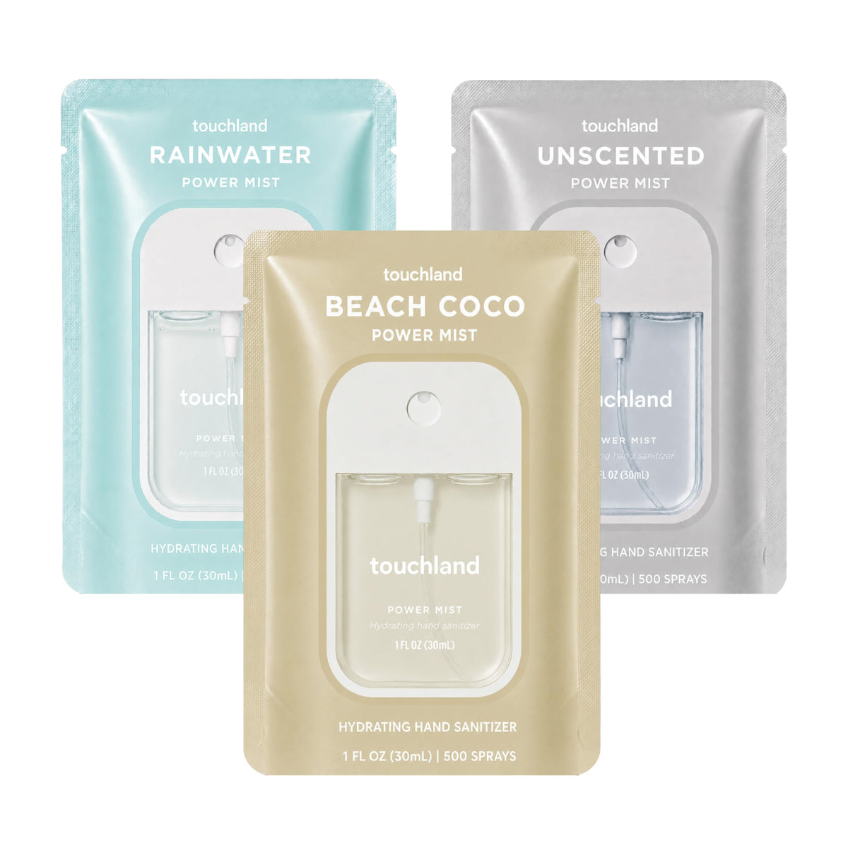 Touchland front packaging showing trio set and travel-ready benefit