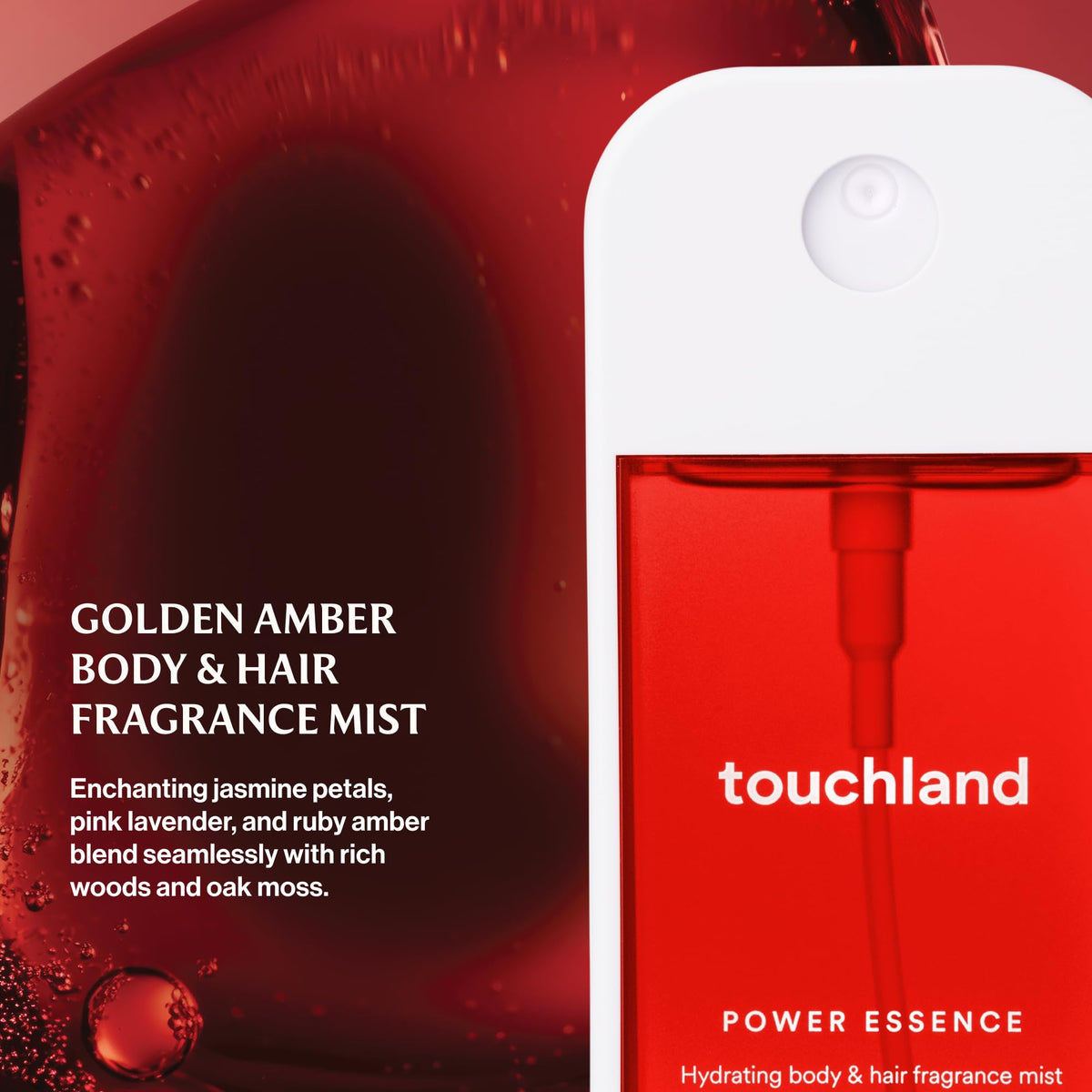 Touchland mist close-up of micro-mist spray dispersing even fine droplets for quick refresh