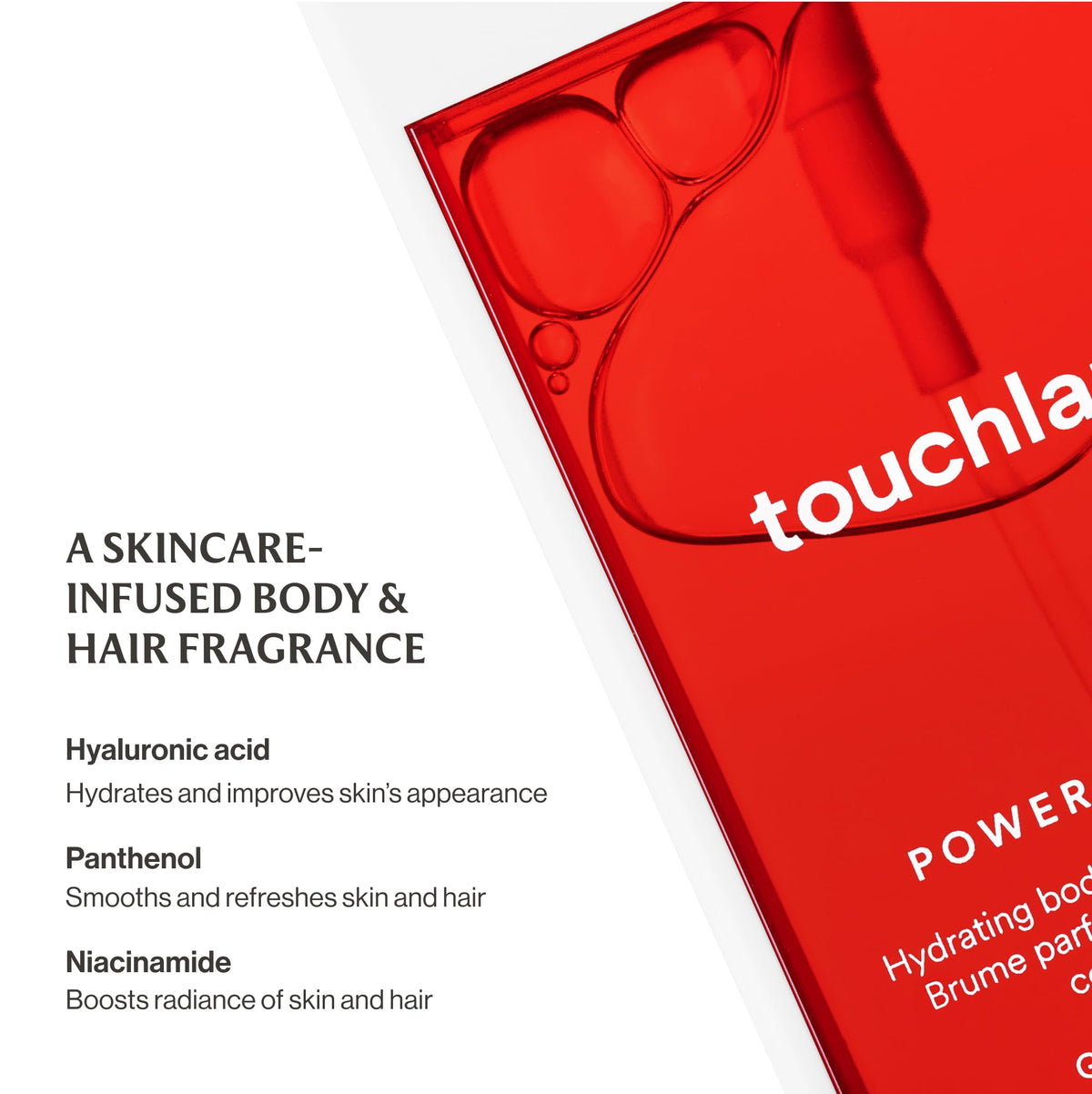 Touchland mist applied to skin showing non-greasy finish and subtle hydrating effect