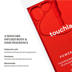 Touchland mist applied to skin showing non-greasy finish and subtle hydrating effect