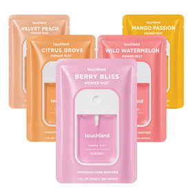 Touchland Juicy 5 front packaging showing five colorful travel sprays and product variety benefit