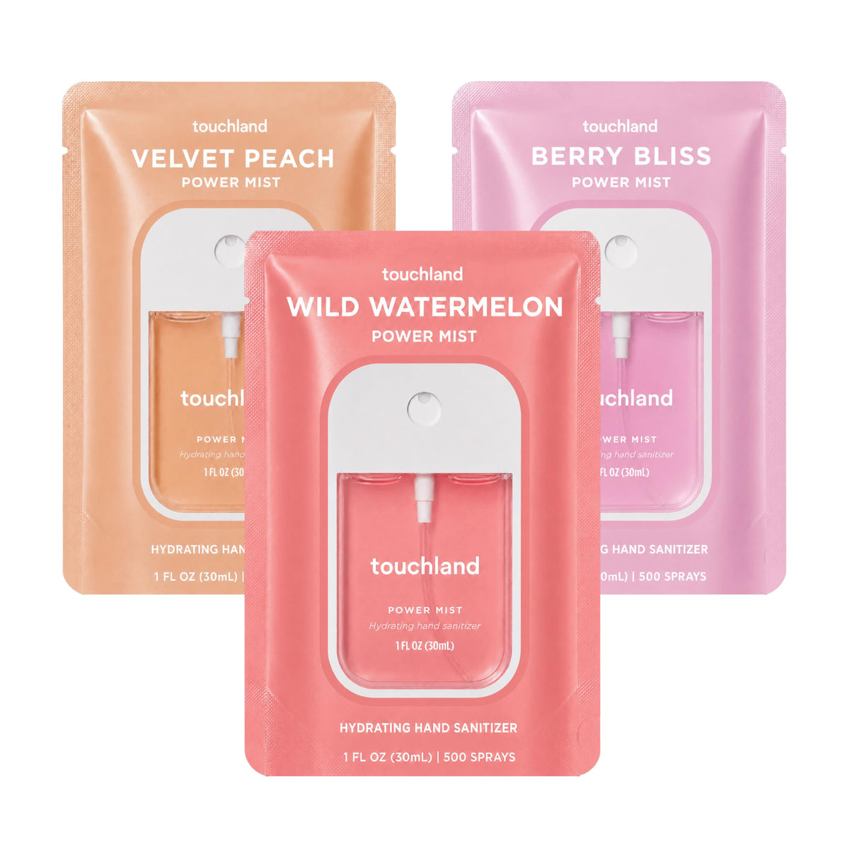 Touchland Juicy Trio front packaging showing three scented sanitizer sprays for easy selection
