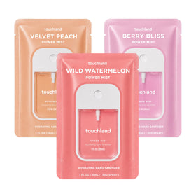 Touchland Juicy Trio front packaging showing three scented sanitizer sprays for easy selection