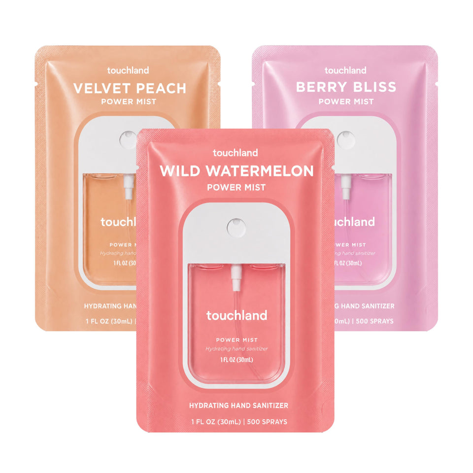 Touchland Juicy Trio front packaging showing three scented sanitizer sprays for easy selection