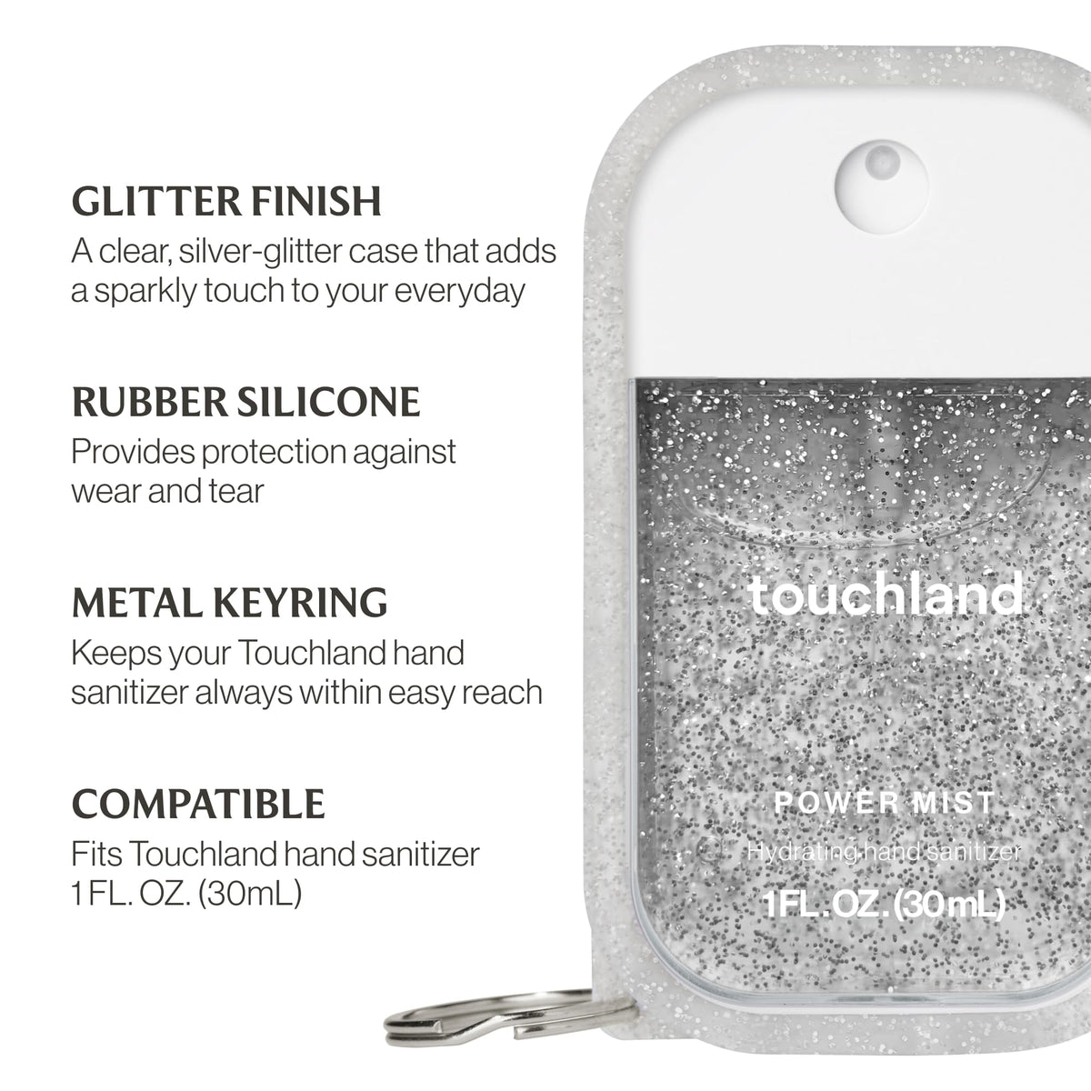 Touchland case open top showing label and nozzle access for convenient use benefit