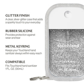 Touchland case open top showing label and nozzle access for convenient use benefit