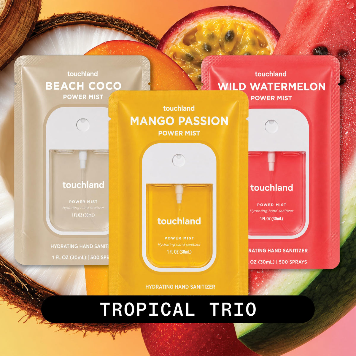 Touchland Mango Passion bottle close-up highlighting label and moisturizing formula