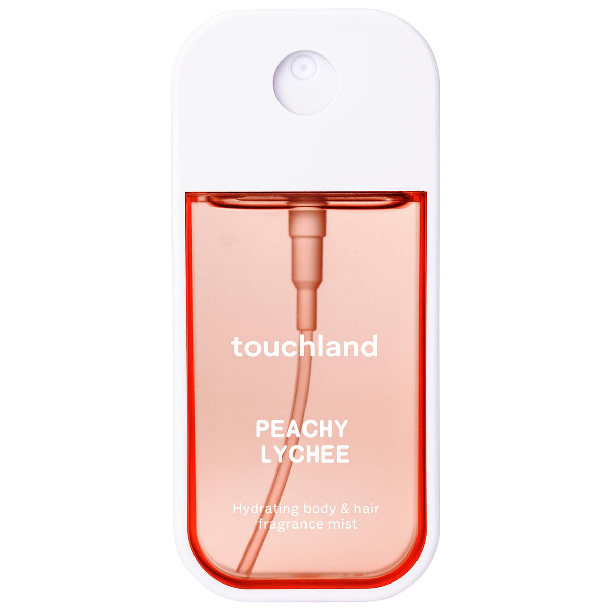 Touchland front packaging showing Peachy Lychee bottle and label benefits