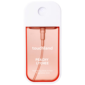 Touchland front packaging showing Peachy Lychee bottle and label benefits