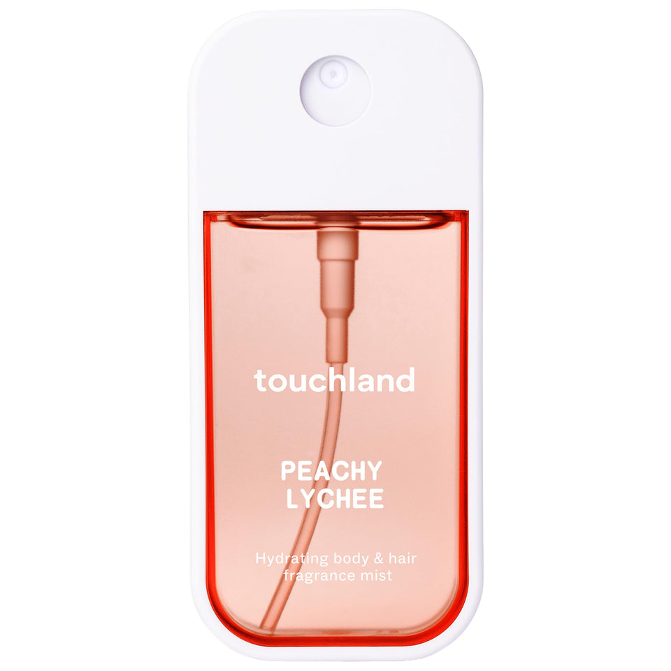 Touchland front packaging showing Peachy Lychee bottle and label benefits