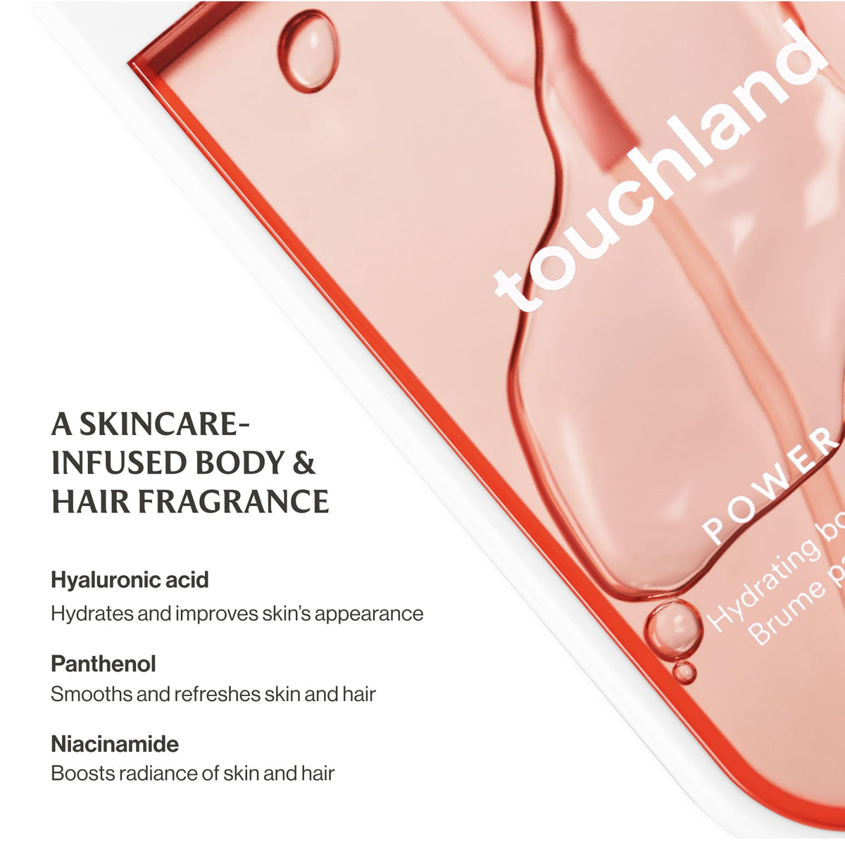 Touchland being spritzed on hair illustrating softness and light fragrance