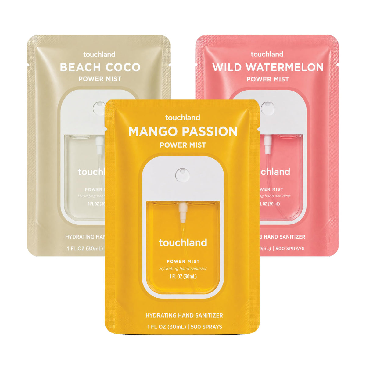 Touchland Tropical Trio front packaging showing three travel mists and benefits
