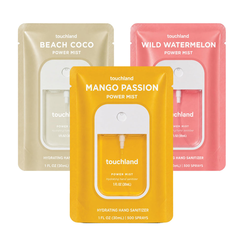 Touchland Tropical Trio front packaging showing three travel mists and benefits