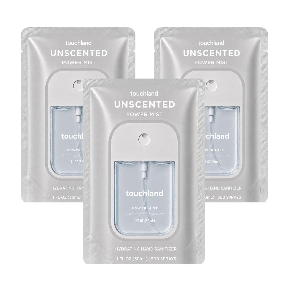 Touchland unscented trio front packaging shows three travel bottles for convenient carrying