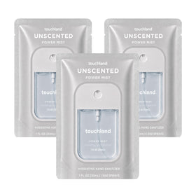 Touchland unscented trio front packaging shows three travel bottles for convenient carrying