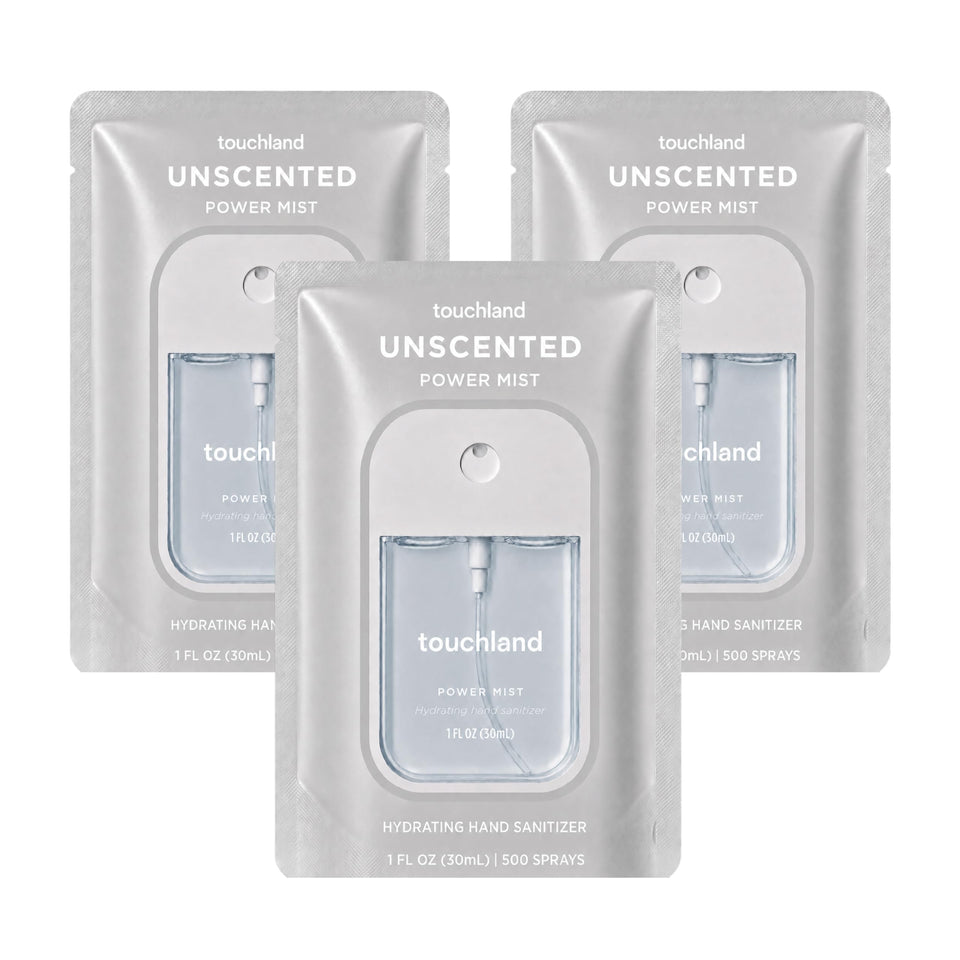 Touchland unscented trio front packaging shows three travel bottles for convenient carrying