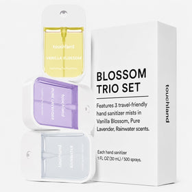 Touchland Vanilla Blossom bottle close-up showing scent label and calming benefit