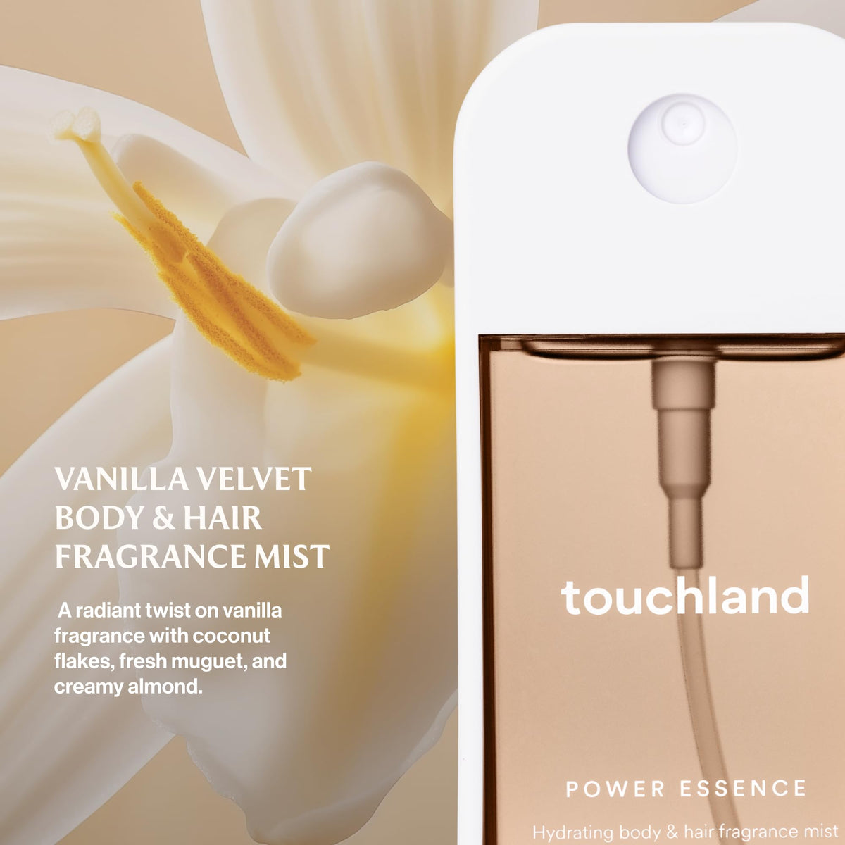 Touchland Vanilla Velvet micro-mist spray in action for quick refresh
