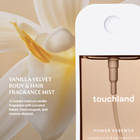 Touchland Vanilla Velvet micro-mist spray in action for quick refresh