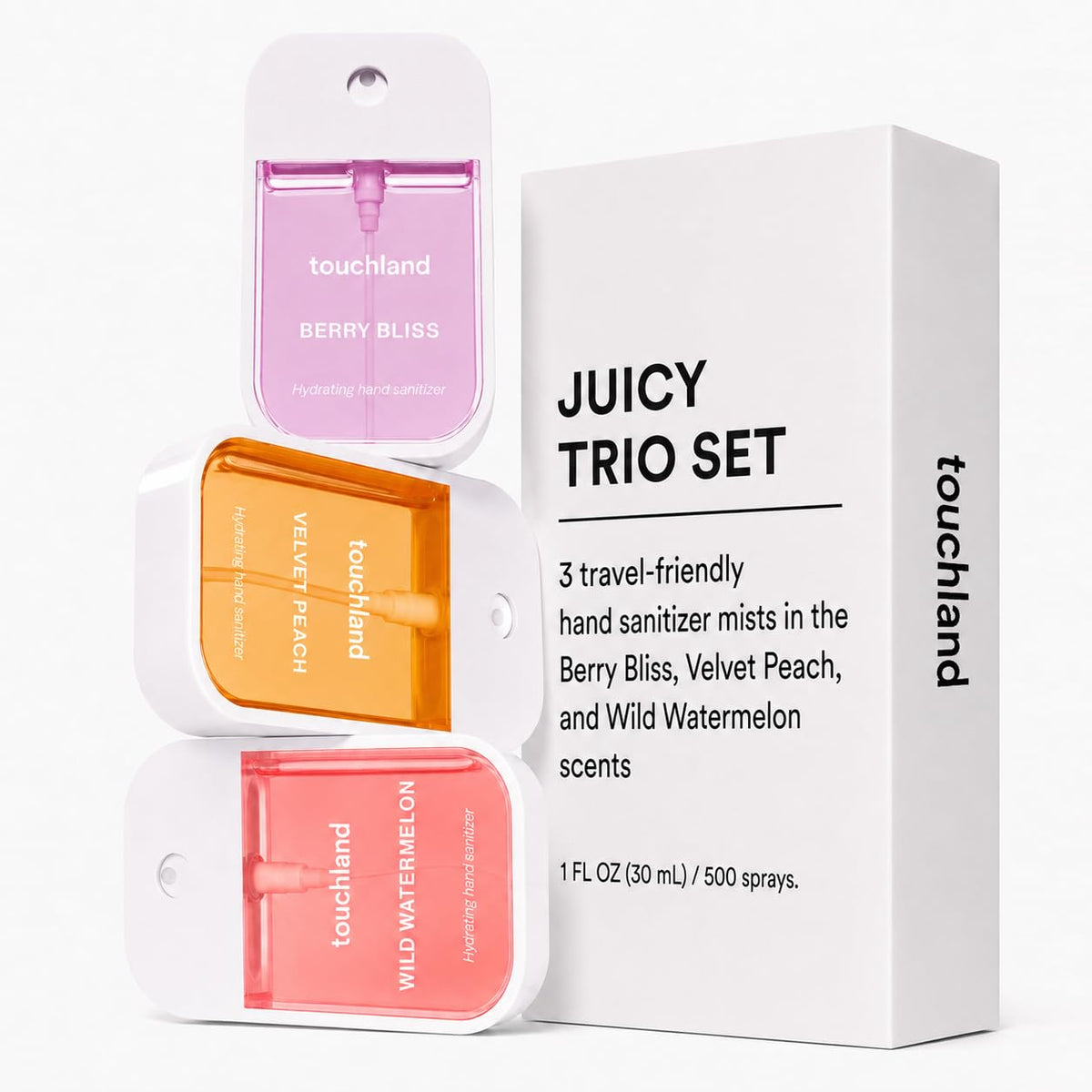 Touchland Velvet Peach mist on hand demonstrating hydrating texture and comfortable feel
