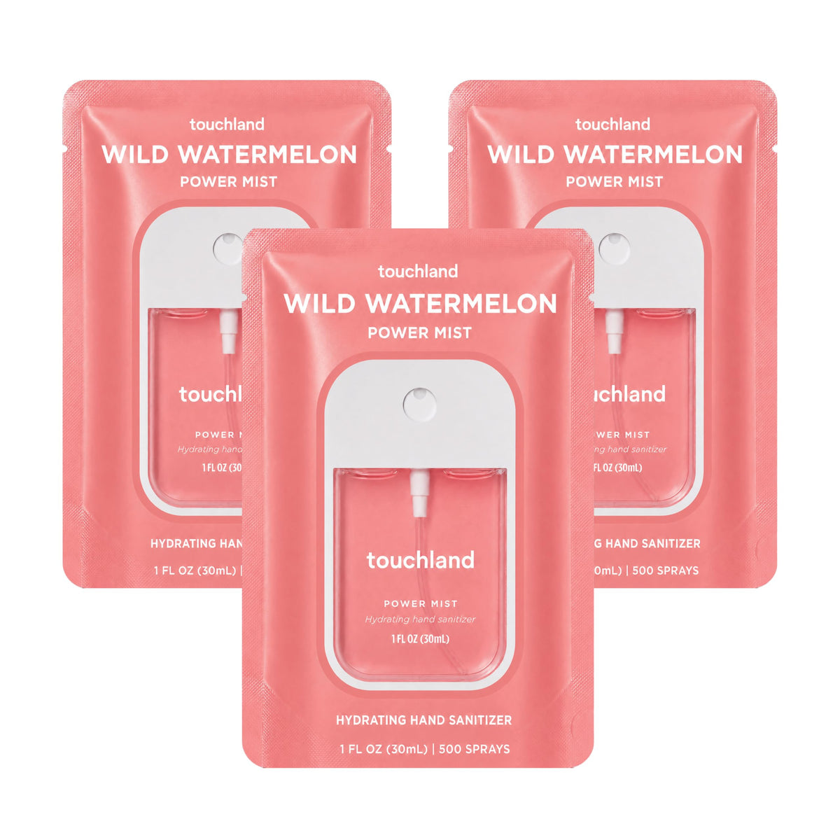 Touchland Wild Watermelon front packaging showing three travel bottles and bright branding for easy portability
