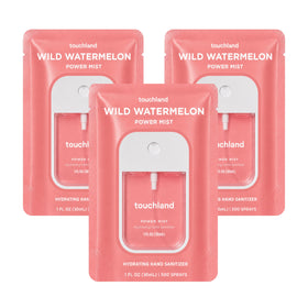 Touchland Wild Watermelon front packaging showing three travel bottles and bright branding for easy portability