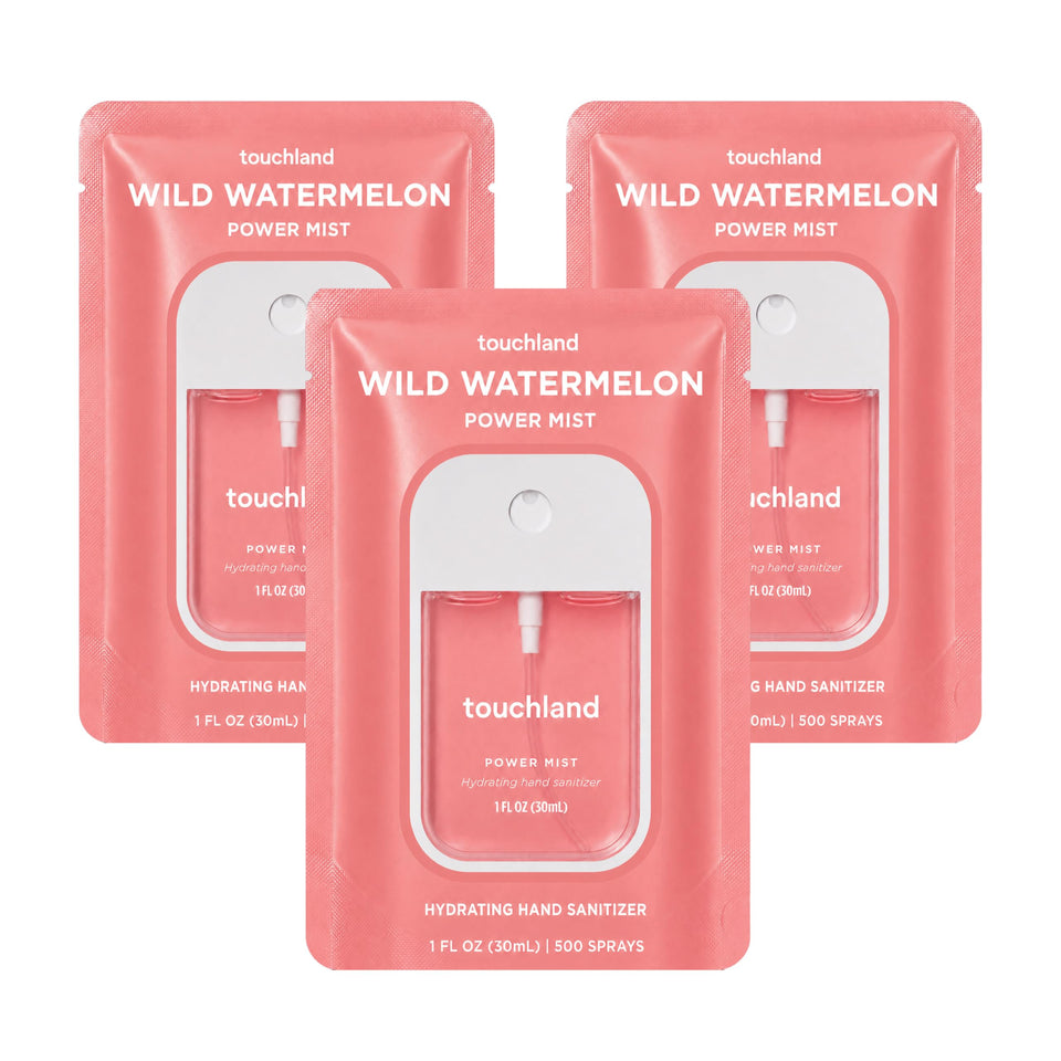 Touchland Wild Watermelon front packaging showing three travel bottles and bright branding for easy portability